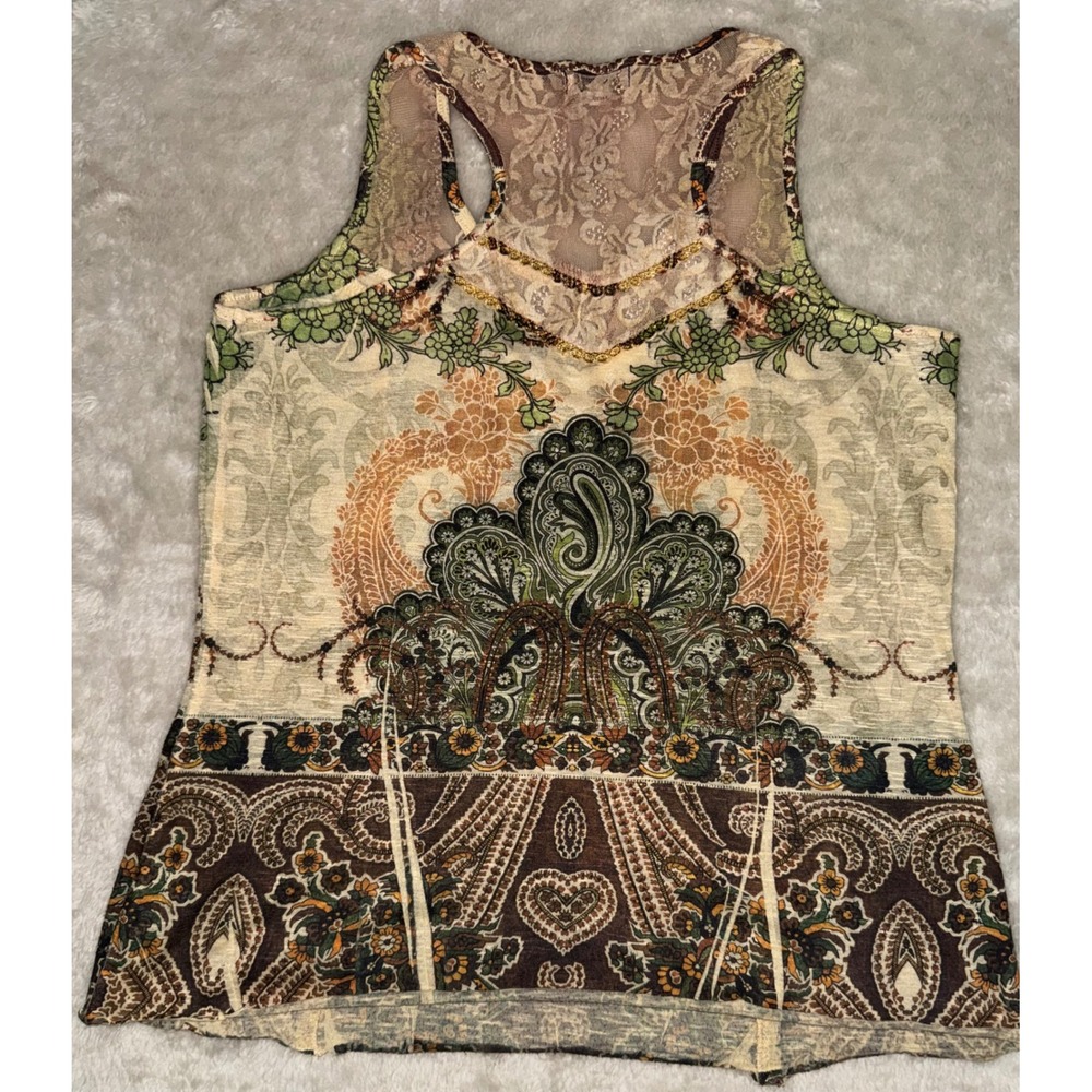 One World Women Green Paisley Floral Lace Racerback Sequin Tank Top Size M